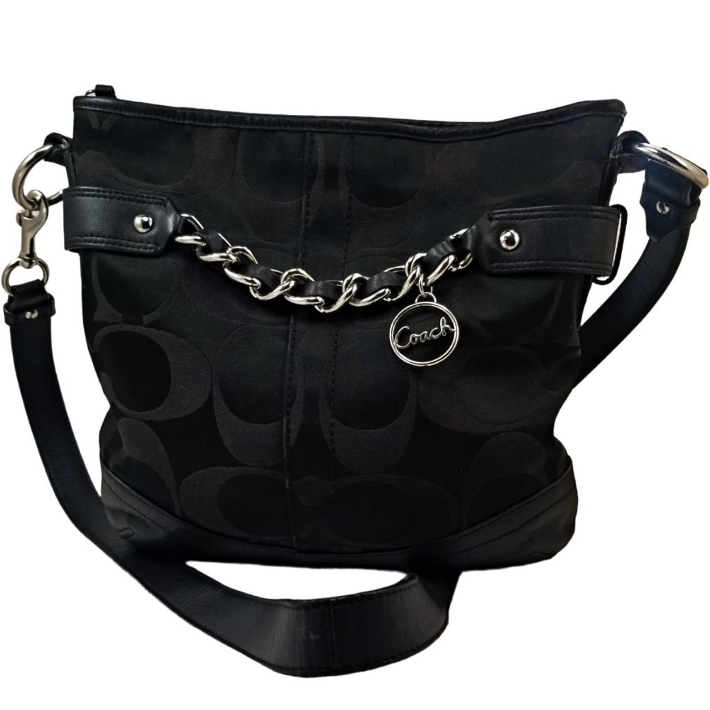 COACH F19730 Optic Black Chain Signature Crossbody Handbag Leather Trim